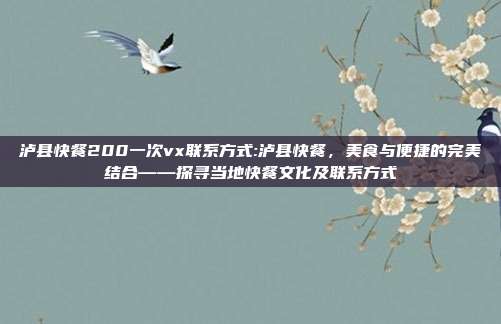 泸县快餐200一次vx联系方式:泸县快餐，美食与便捷的完美结合——探寻当地快餐文化及联系方式